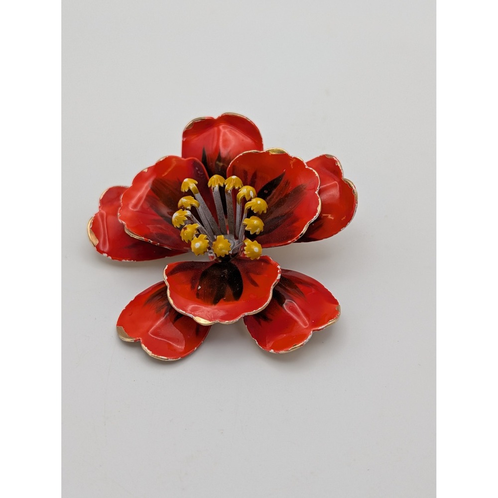 Vintage Red Enamel Flower Brooch Gold Tone Poppy Pin Retro Floral JWA-021